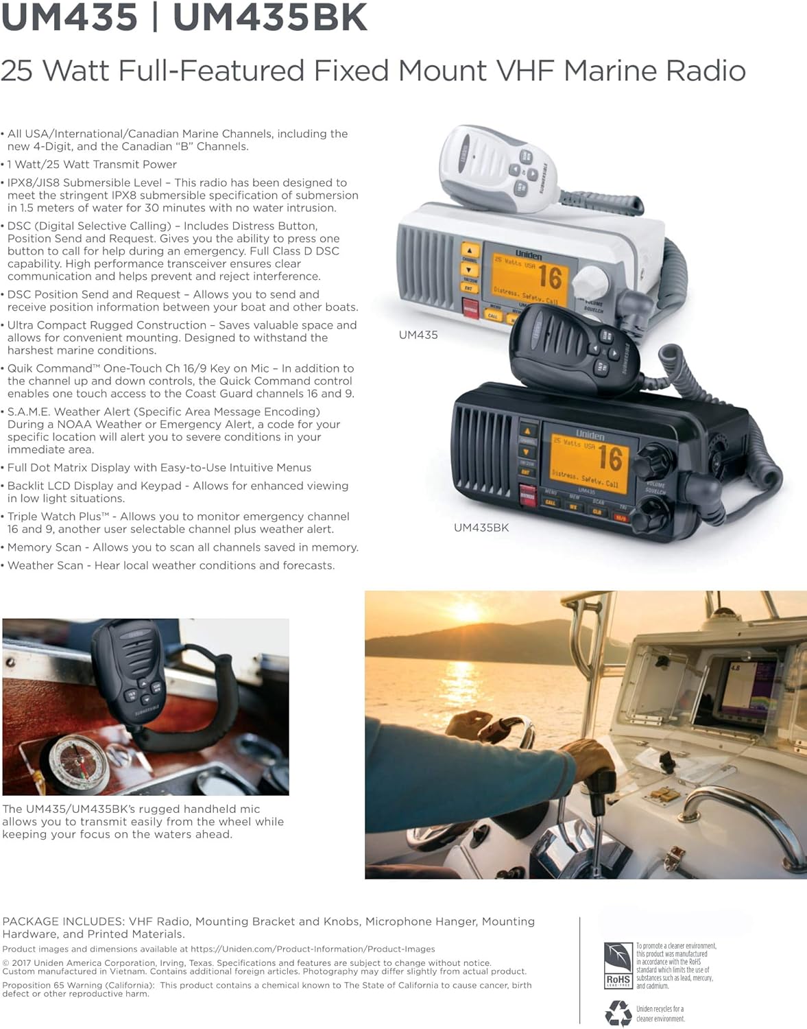 Uniden UM435 Advanced Fixed Mount VHF Marine Radio, All USA/International/Canadian Marine Channels Including New 4-Digit, CDN “B” Channels, 1 Watt/25 Watt Power, Waterproof IPX8 Submersible, White