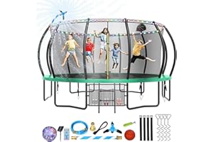 Lyromix 10 12 14 15 16FT Trampoline for Kids and Adults, Outdoor Trampolines with Curved Poles, Pumpkin Shaped Backyard Trampoline with Sprinkler, Stakes, Light, Basketball for Kids Family Happy Time