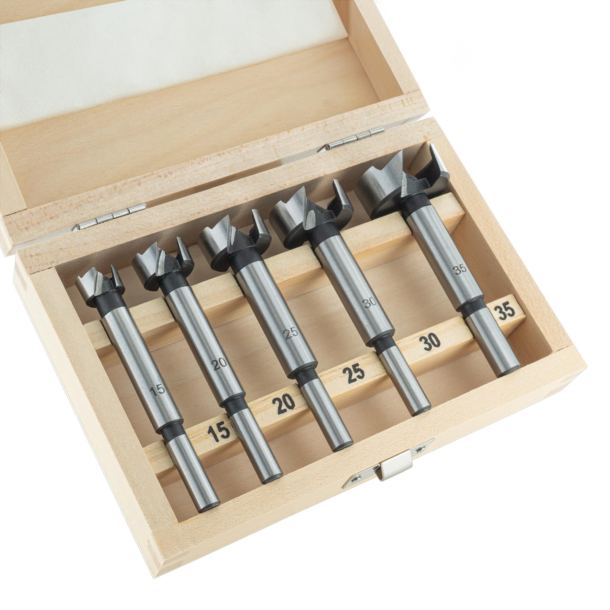 ENT 25100 5-piece Forstner router bit set Ø 15, 20, 25, 30, 35mm, made of tool steel, for easy drilling of blind holes in softwood, DIY wood drill bit set, knothole drill bits