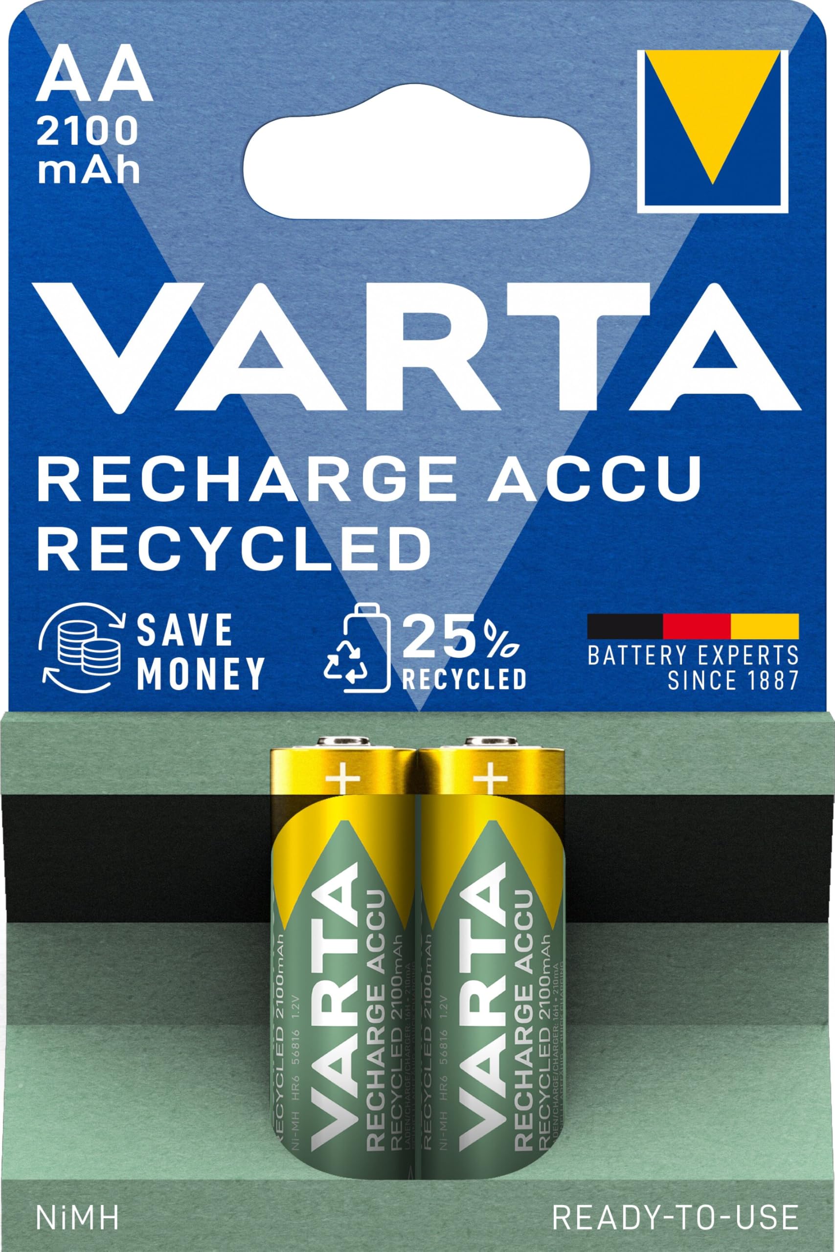 VARTA Recharge Accu Recycled, Ready-To-use pre-charged AA Mignon NiMH rechargeable battery (2-pack, 2100 mAh) made of 11% recycled material - without memory effect