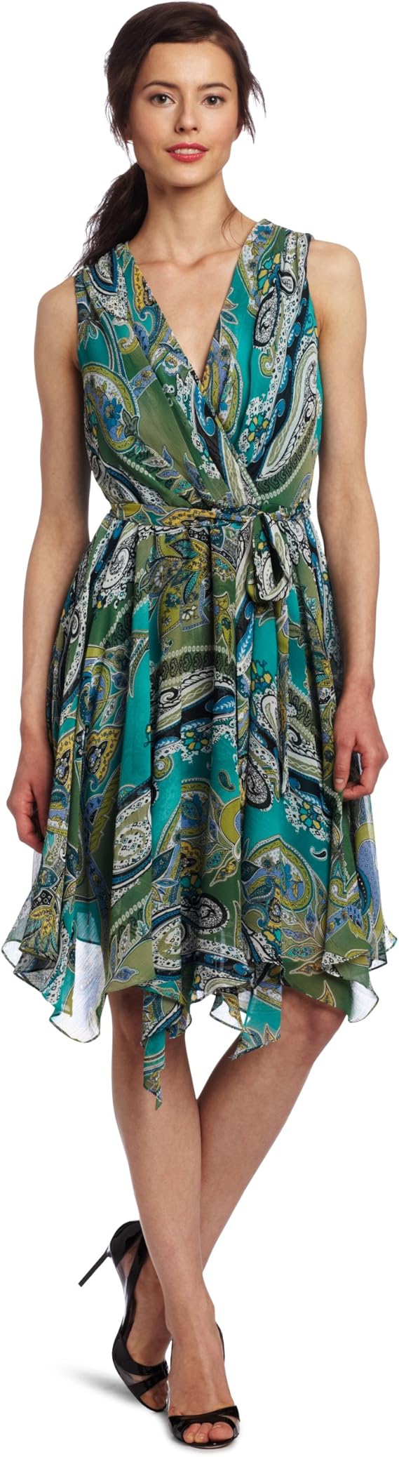Evan Picone Women's Printed Hanky Hem Chiffon Dress, Grass Combo, 4 at