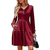 Kate Kasin Women's Long Sleeve Sweater Dresses 2025, Button V Neck Knit Dress, Fall Swing A Line Babydoll Dress with Pockets
