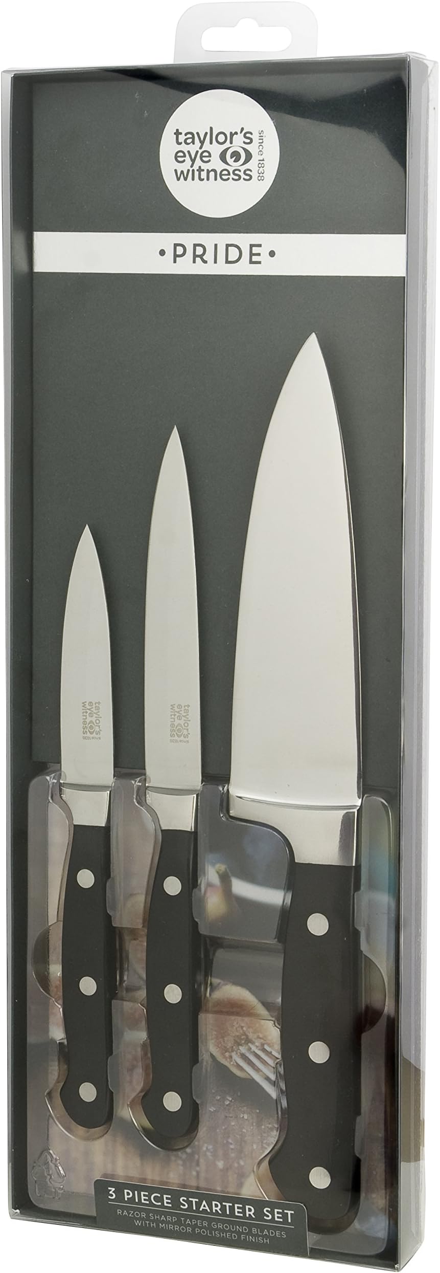 TAYLORS EYE WITNESS 3-Piece Stainless Steel Pride Paring/All-Purpose and 15 cm Chef's Knife Starter Set, Black
