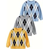 Jolyshlid 3 Pack Boys Crew Neck Argyle Plaid Pullover Sweater Lightweight Sweatshirts Knitted for Casual Top 4-14Y