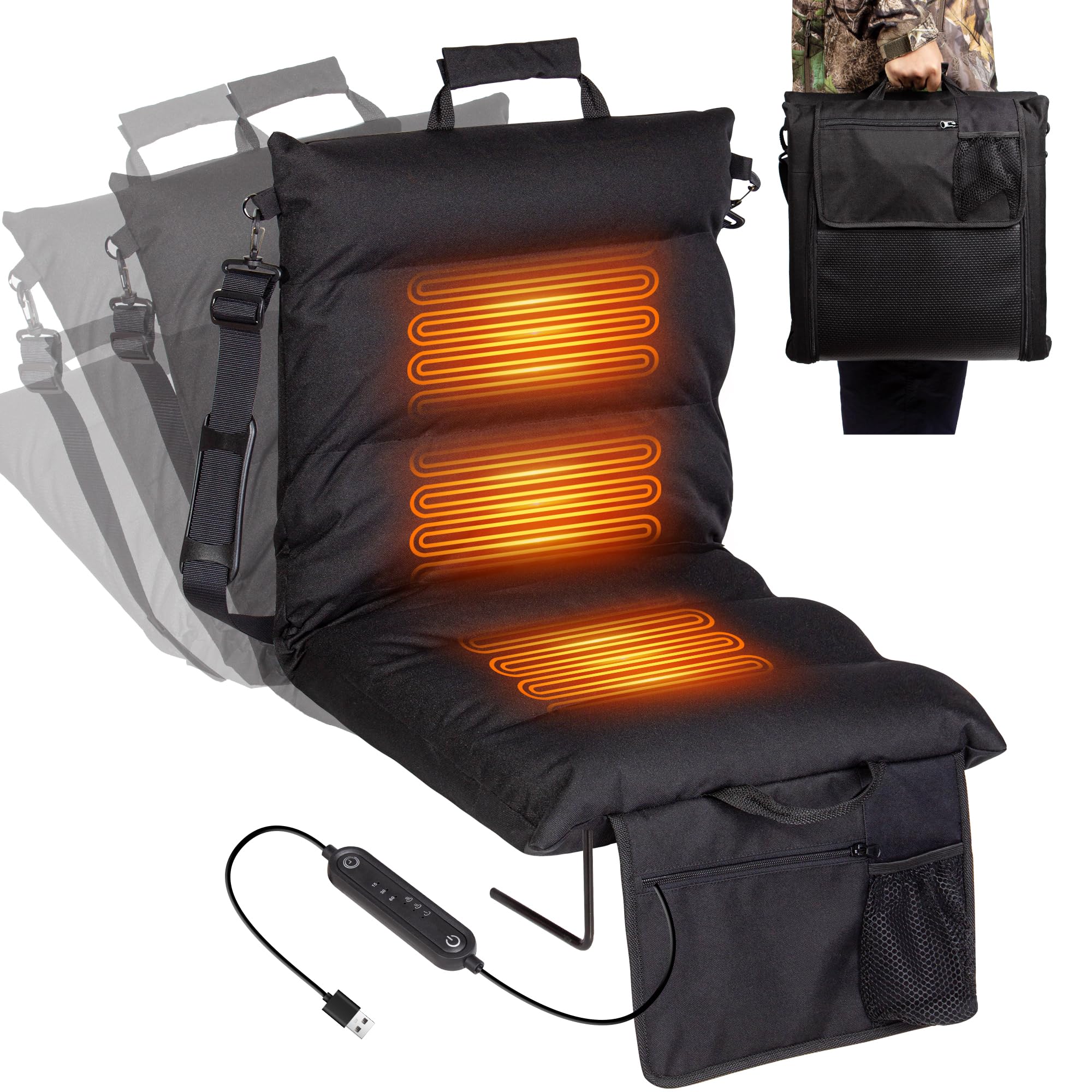 Photo 1 of **MISSING POWER BANK**Heated Stadium Seat with Back Support, Folding Bleacher Chair with USB Rechargeable Heated Cushion, Portable Outdoor Seat for Camping, Baseball, Football, 3 Heat Levels & Timer, Waterproof & Foldable