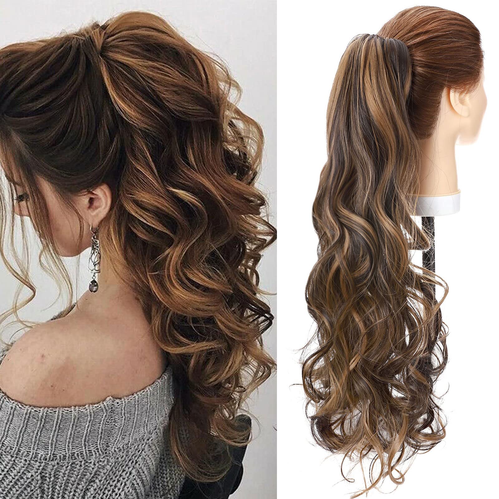 Fashion Ponytail Hair Extension Claw Curly Wavy Straight Clip in ponytail Hairpiece One Piece fake hair Ponytails for Women 24” Curly Dark brown & sandy blonde