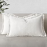 MIULEE Decorative Lumbar Throw Pillow Covers Neutral Linen Fringe Throw Pillows Set of 2 White Boho Farmhouse Cushion Covers with Tassels for Couch Sofa Bed Living Room Spring Decor 12x20 Inch