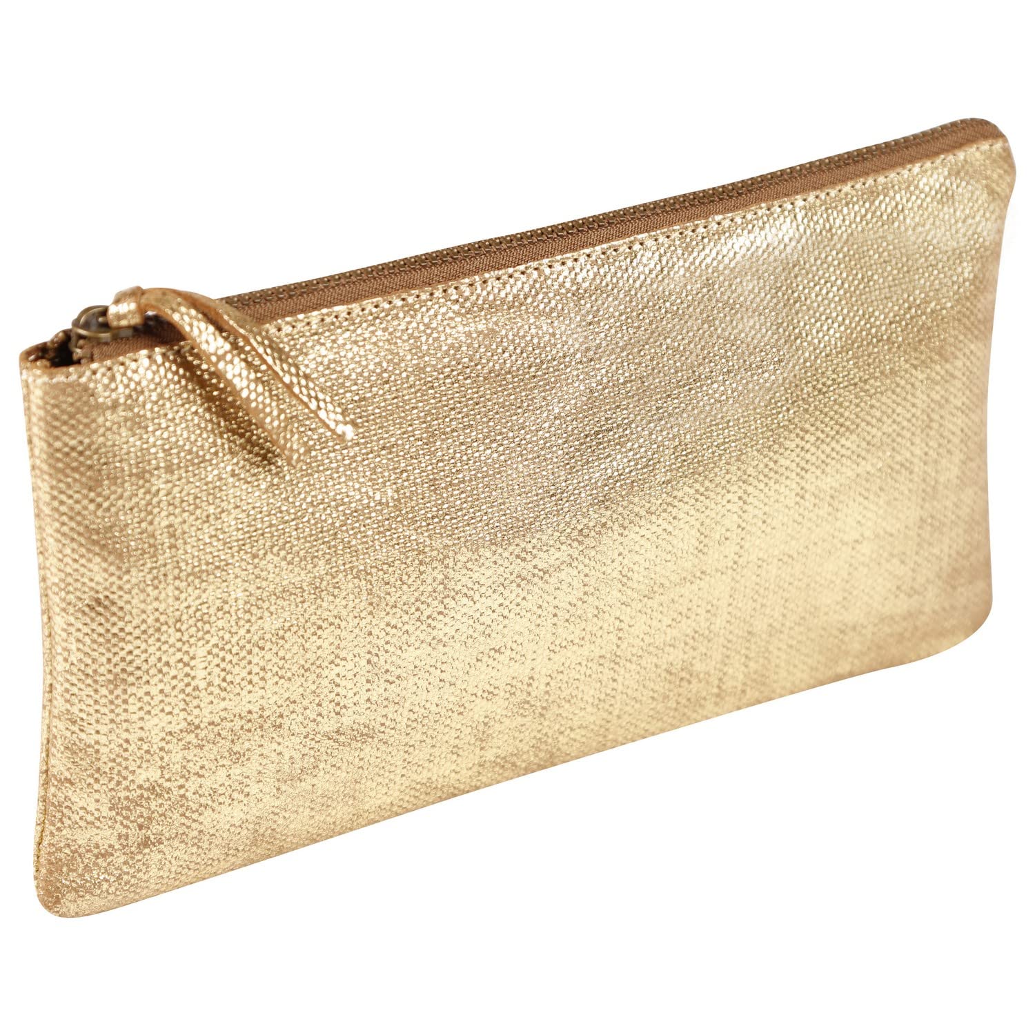 Clairefontaine - Ref 410037C - Kleo-Pathra' Leather Flat Pouch - 22 x 11cm, Made From Genuine Lambskin Leather, Metal Zip With Leather Puller - Gold Colour