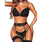 RSLOVE Women's Lingerie Sets with Garter Belt 3 Piece Sexy Lace High Waist Bra and Panty Set Push Up Exotic Sleepwear