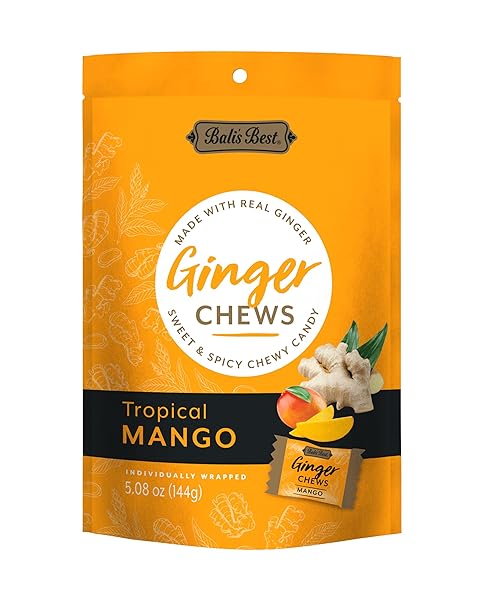 BALI’S BEST GINGER CHEWS, TROPICAL MANGO FLAVOR, 5.08 OZ, INDIVIDUALLY WRAPPED SOFT CANDY, MADE WITH 100% REAL GINGER, DIGESTIVE HEALTH SUPPORT, UPSET STOMACH RELIEF, HALAL