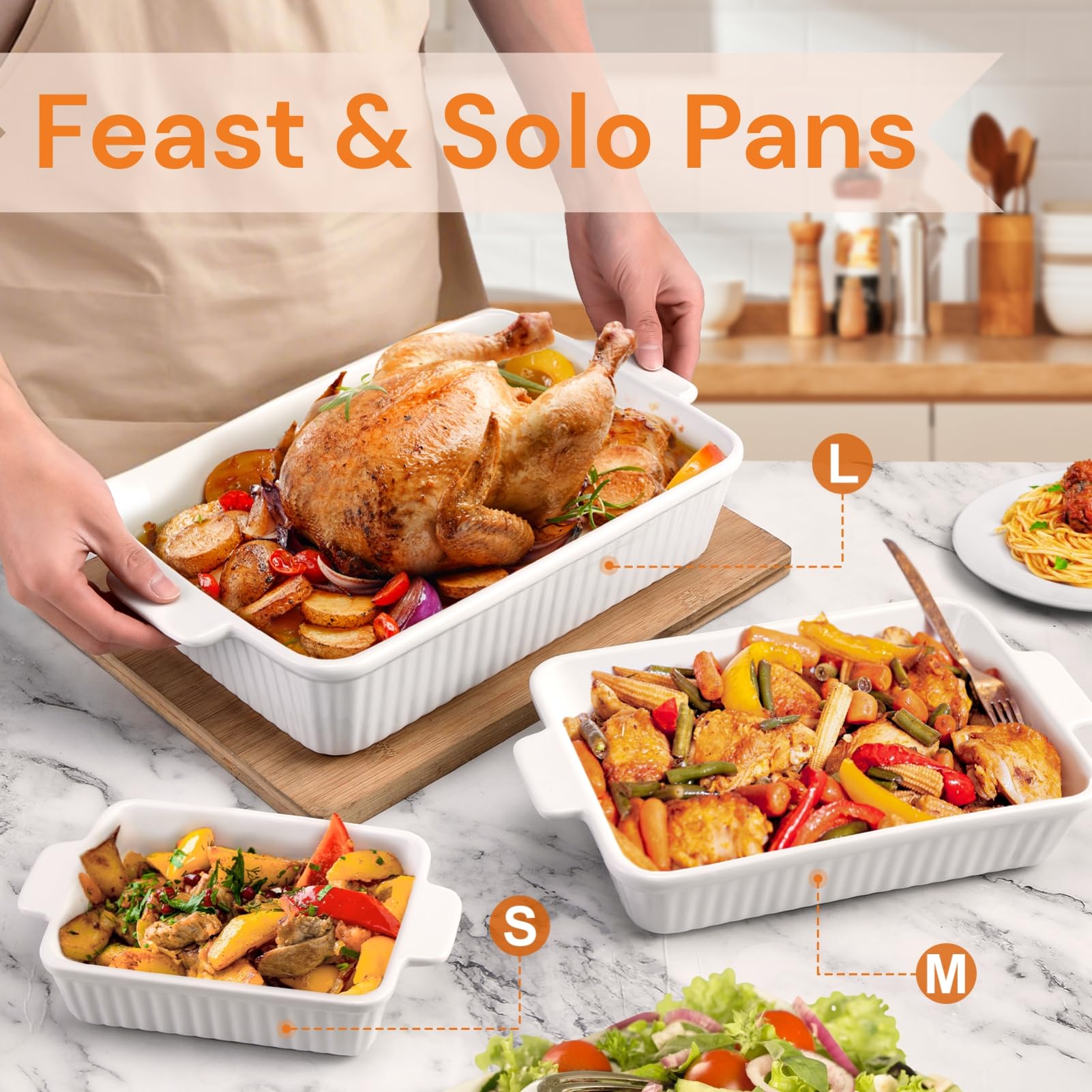 Bakeway Casserole Dishes for Oven, Ceramic Baking Dish Set with Handles, Porcelain Rectangular Lasagna Pan Deep of 3, Oven-Safe Bakeware Sets for Cooking, Kitchen, Holiday Gifts (15.5