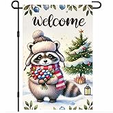 BlissYard Christmas Welcome Winter Garden Flag 12x18 Inch Raccoon Christmas Tree Berry Bouquet Yard Flag Double Sided Outdoor Holiday Seasonal Woodland Banner for Porch Lawn Patio