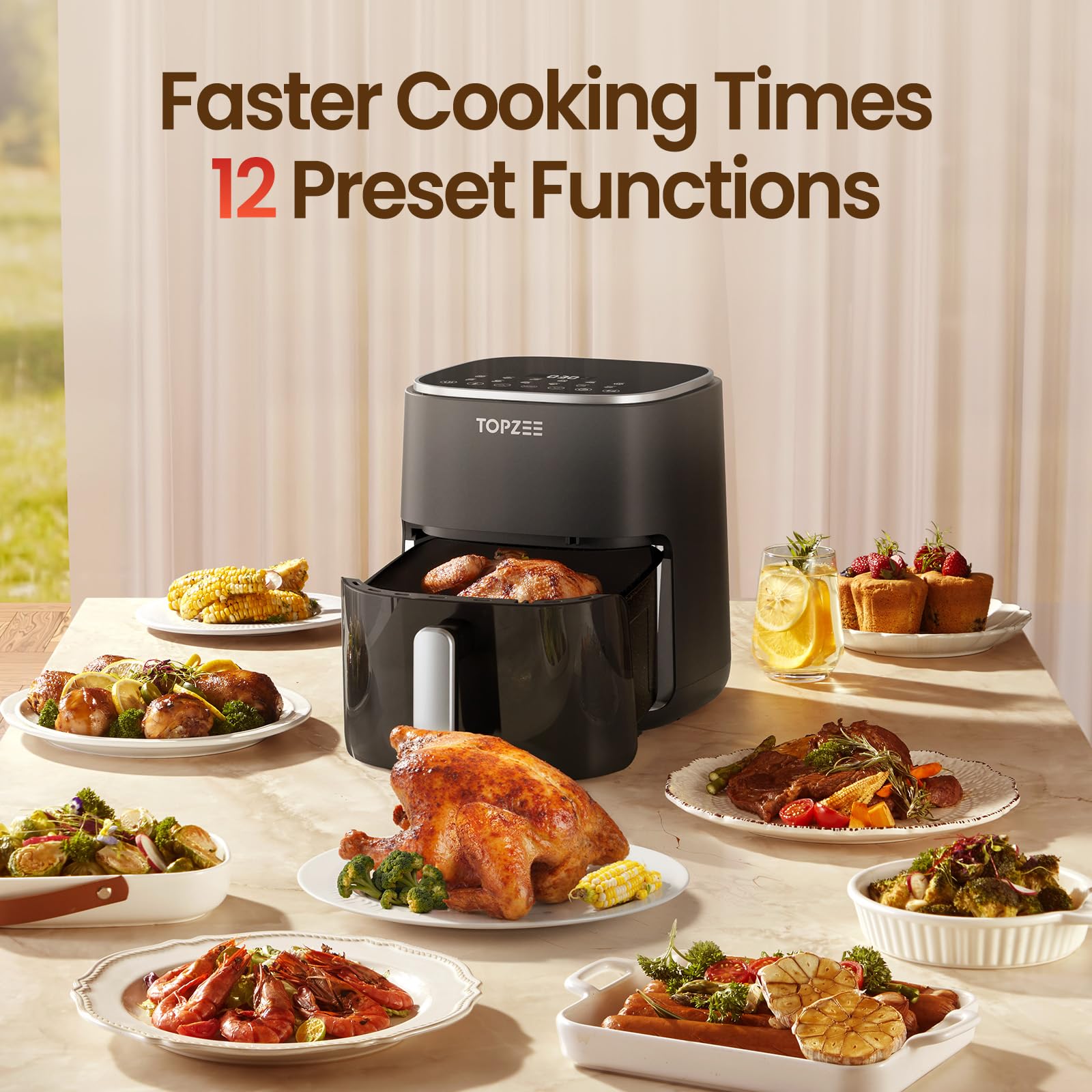 TOPZEE Freidora de aire 12 en 1 con gran capacidad de 5.5 QT, freidora de aire compacta, calor preciso de 100-400 ℉, circulación de aire caliente de 360°, 95% menos de aceite, hornear, secar, recalentar, congelar, asar, a prueba, negro