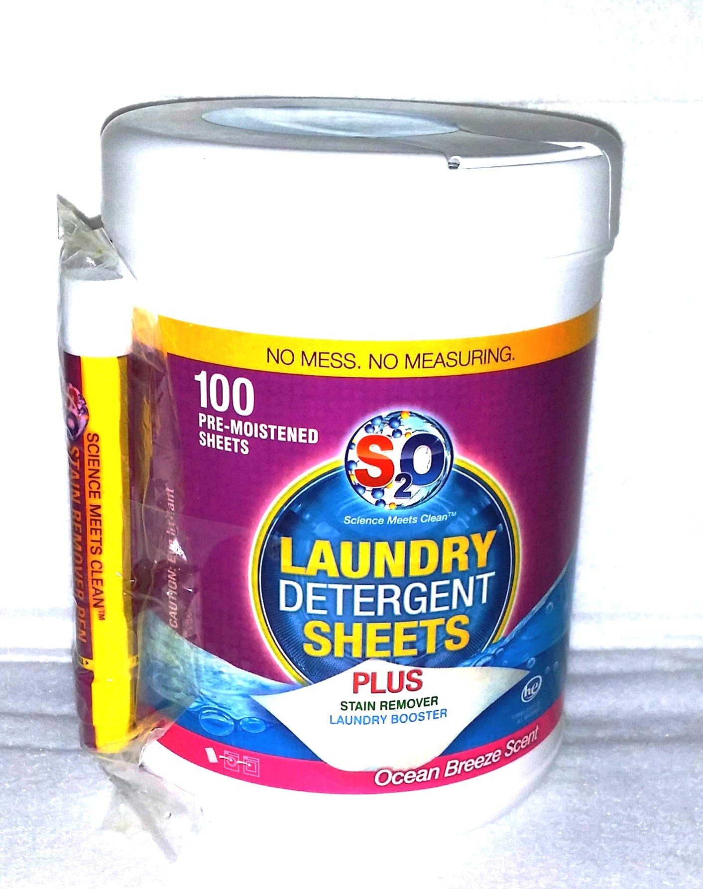 S2O Laundry Detergent 100-Sheet Plus Stains Remover with Stain Remover Pen - Ocean Breeze
