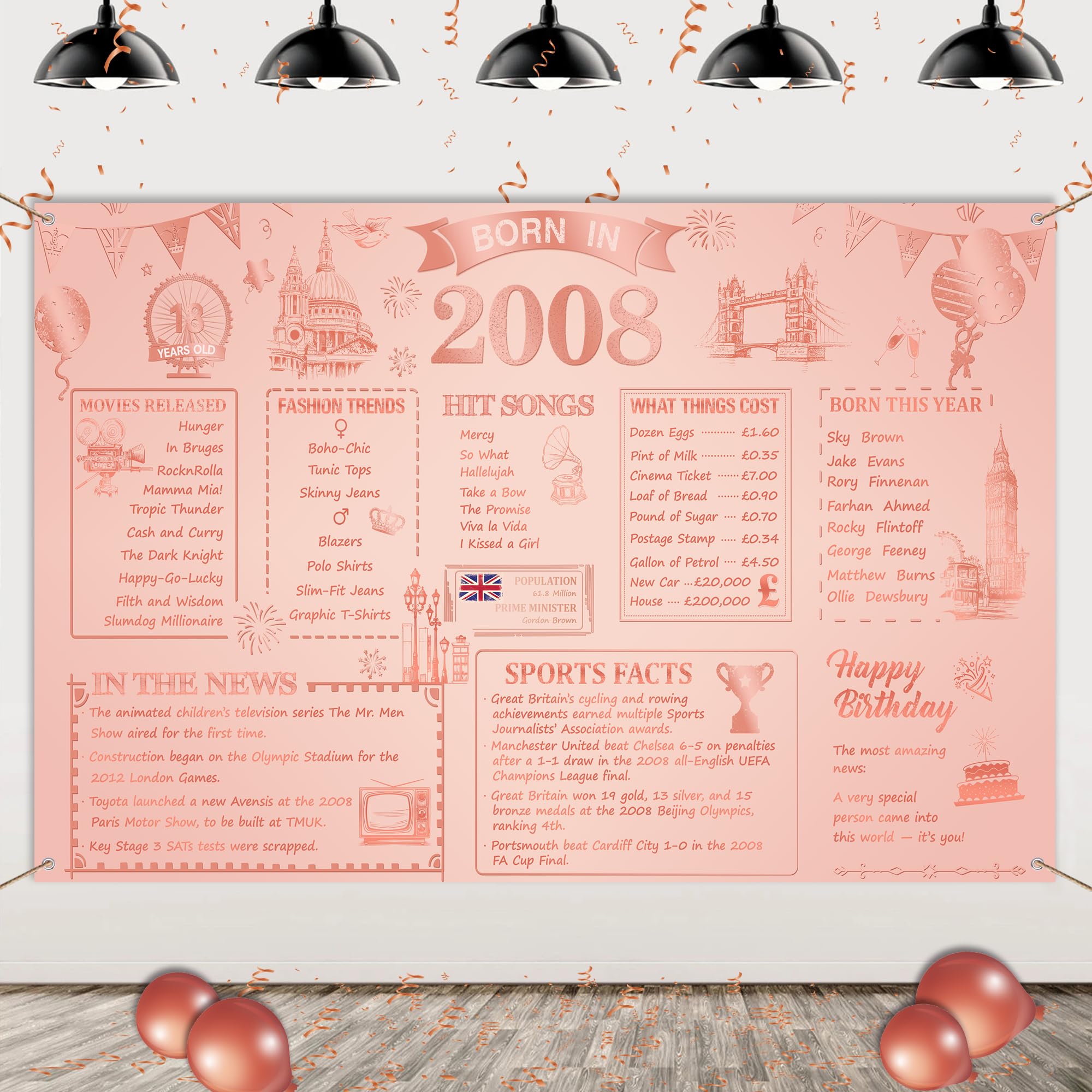 18th Birthday Backdrop Banner Decorations - Rose Gold Born in 2008 Uk Background Banner for Boys Girls, Large Photo Backdrop Poster Decor for 18 Years Old Party Supplies (180x110cm)