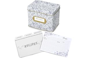 Jot & Mark Recipe Card Gift Box, 25 4x6 inch Cards, 14 Dividers, Decorative Recipe Tin Box