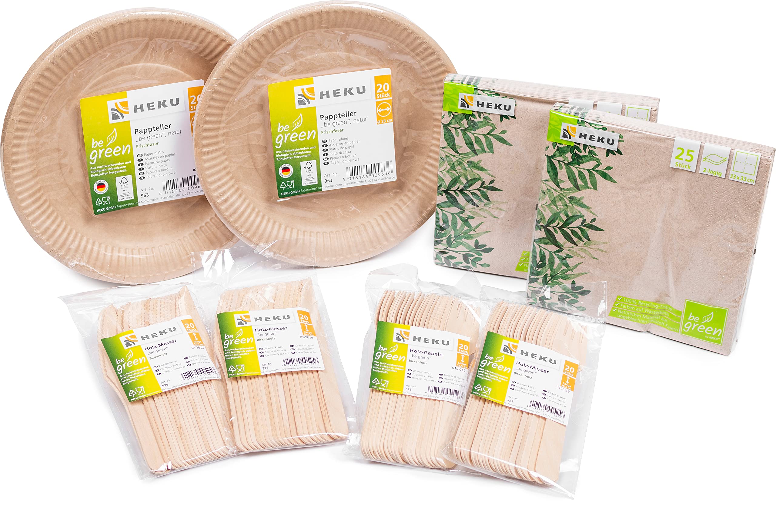 Heku Green 30011-01 Organic Disposable Set with Plates, Knives, Forks and Napkins, 170 Pieces, Tissue