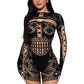 AIMISHI Sexy Long Sleeve Romper for Women See Through Mesh Hollow Out Bodysuit Seamless Jumpsuit