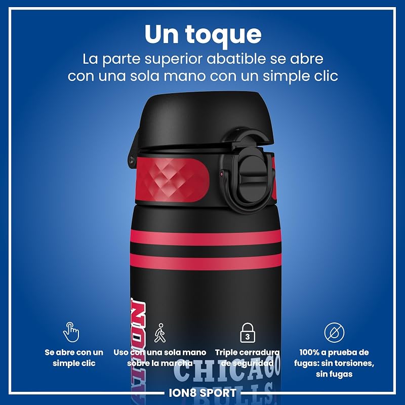 NBA Chicago Bulls Botella Agua, 500ml, a Prueba de Fugas, Fácil de Abrir, Cerradura Segura, Apta para Lavavajillas, Sin BPA, Asa de Transporte, Fácil de Limpiar