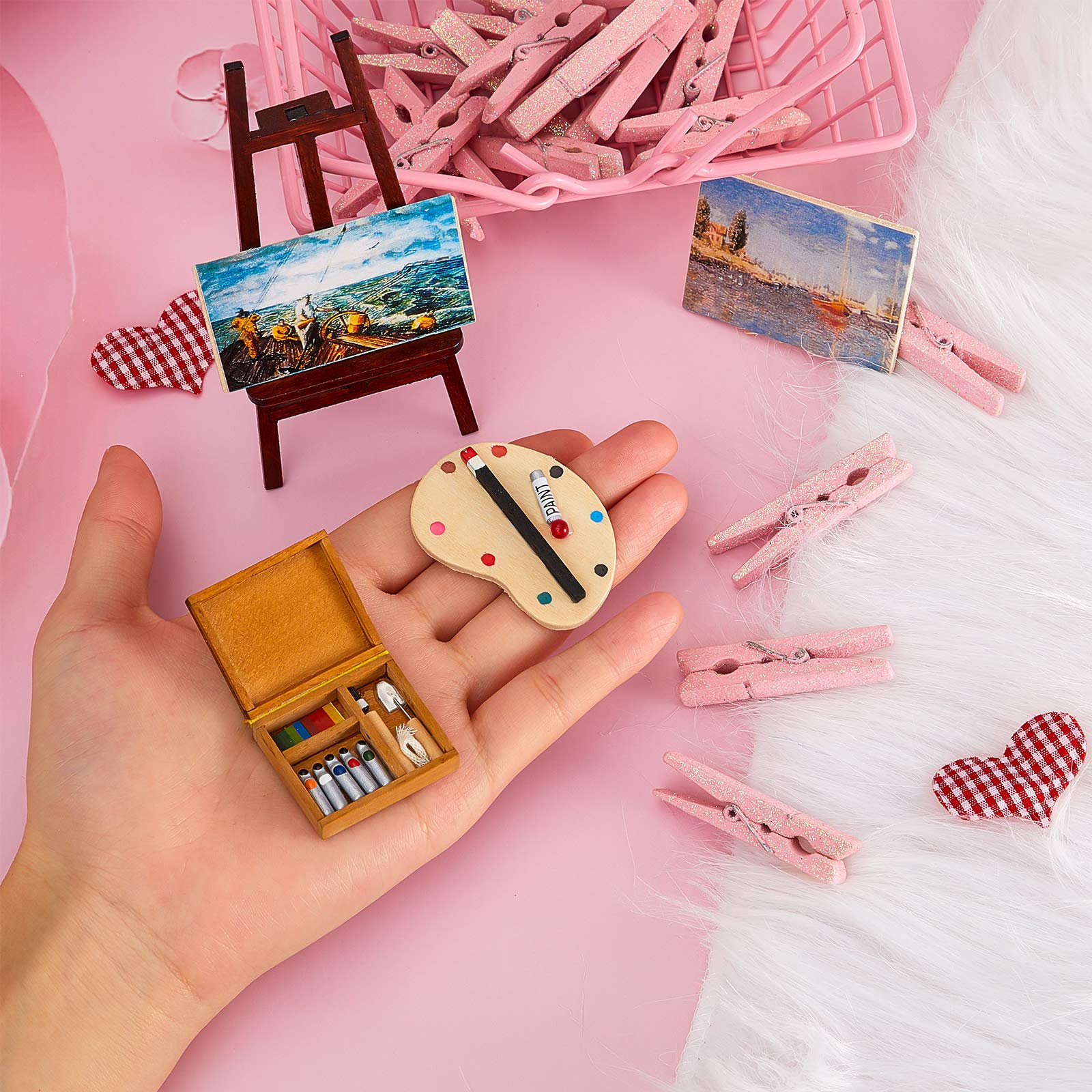 Skylety 3-Piece Dollhouse Painting Tool Accessories Set - Wooden Easel, Miniature Palette, Watercolor Box for Dolls