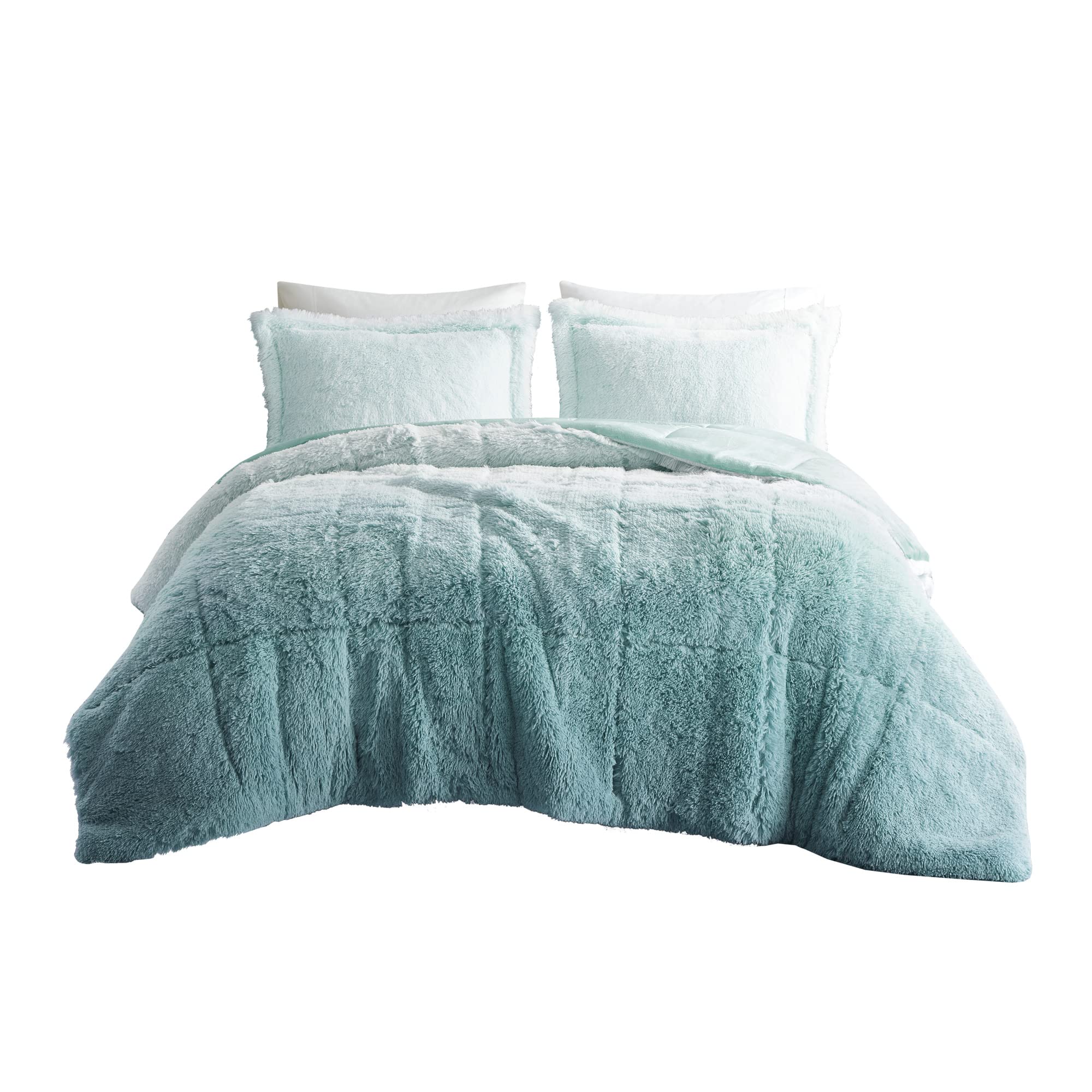 Intelligent Design Brielle, Long Shaggy Faux Fur Comforter Set, Plush Reverse, Trendy Ombre Design, Modern, Cozy All Season Bedding, Matching Sham, Full/Queen(90"x90") Aqua 3 Piece Image