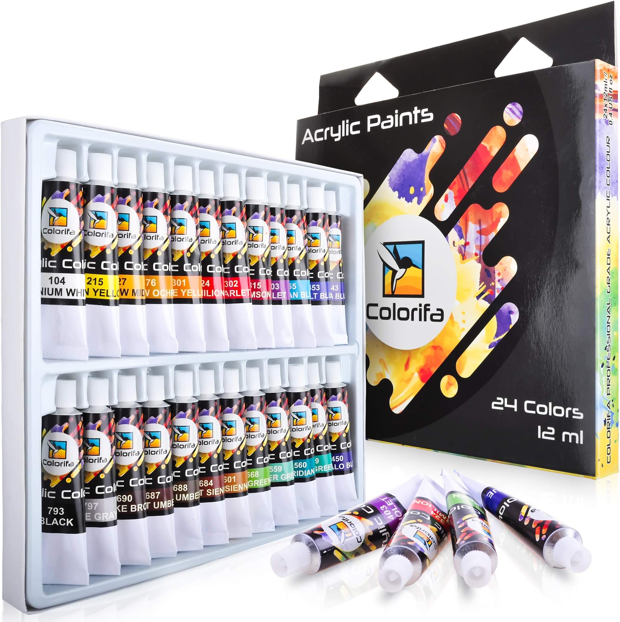Acrylic Paint Set / Craft Paint - Acrylic Paint Kit - No Drying Out, Non Toxic Wood Paint - 24 Vivid Colors Canvas Set - Acrylic Paint Palette For Beginners, Kids and Adults (12ML Easy Squeeze Tubes)