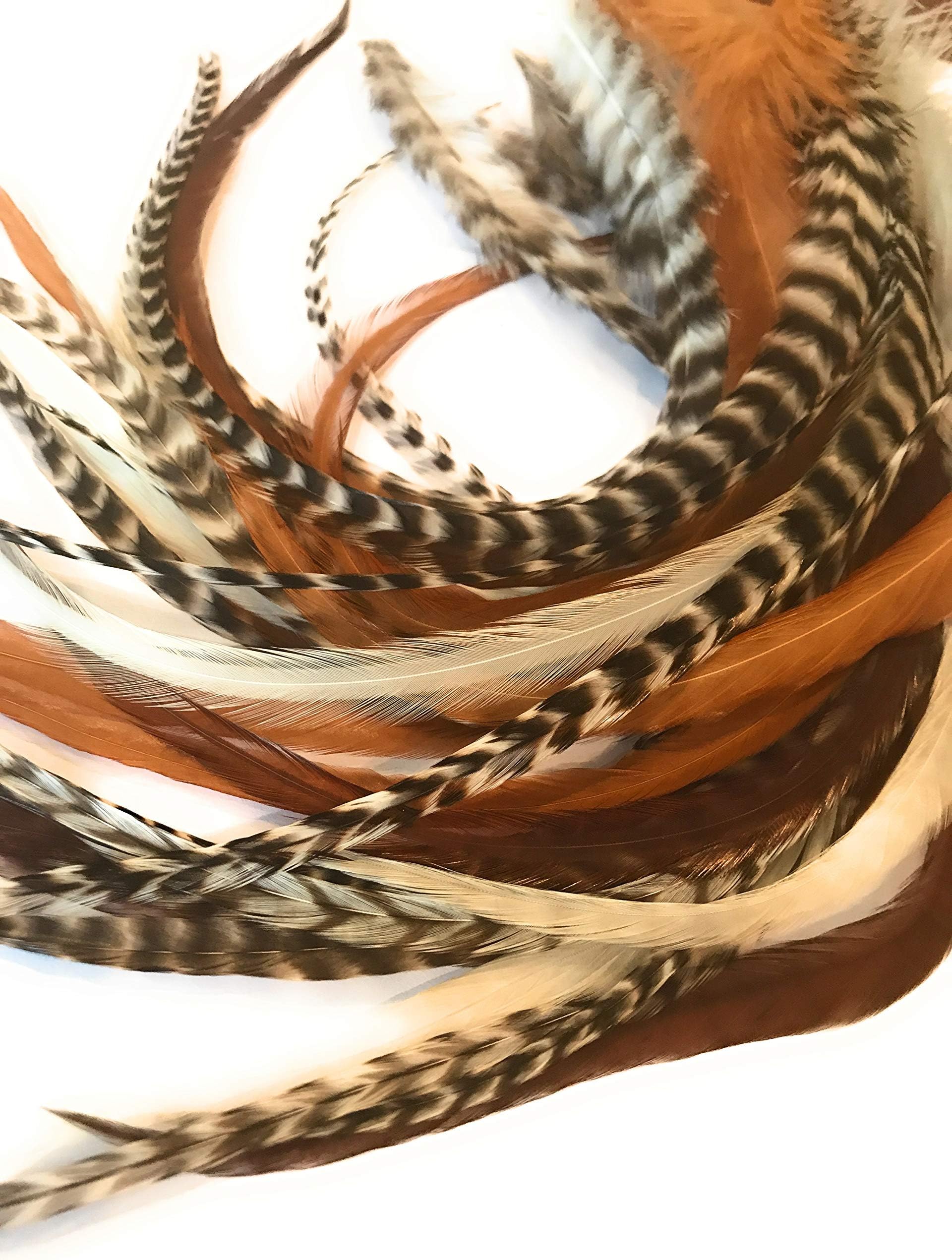 Thick Hair Feathers and Beads, 100% Real Rooster Feather Hair Extensions, Long Grizzly, Brown Fluff