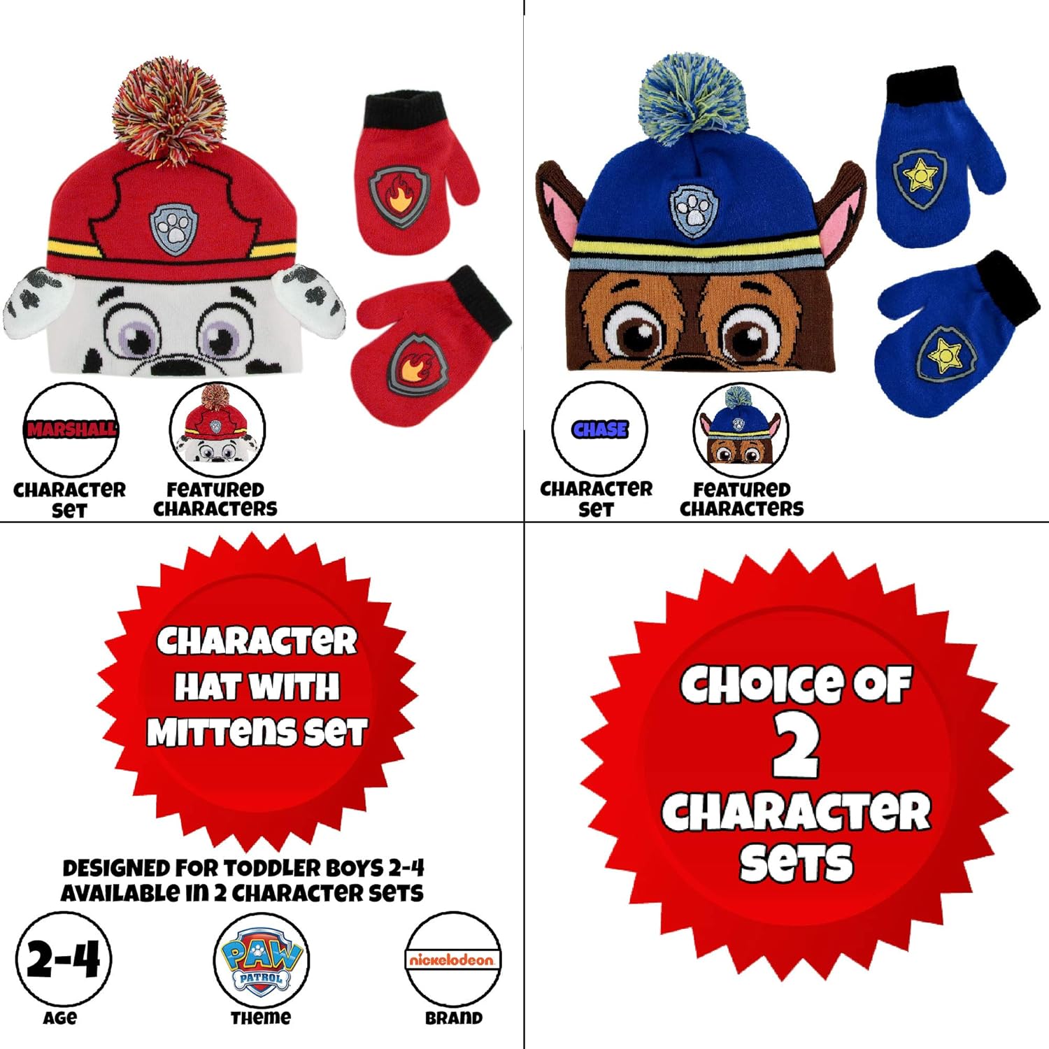Nickelodeon Boys Winter Hat Set, Paw Patrol Toddler Beanie and Mittens for Kids Age 2-4: Clothing