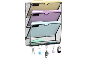 4 Tier Hanging Wall File Organizer with 5 Hooks, Mesh Wall File Holder Vertical Paper Organizer for Mail, Folders, Magazines,