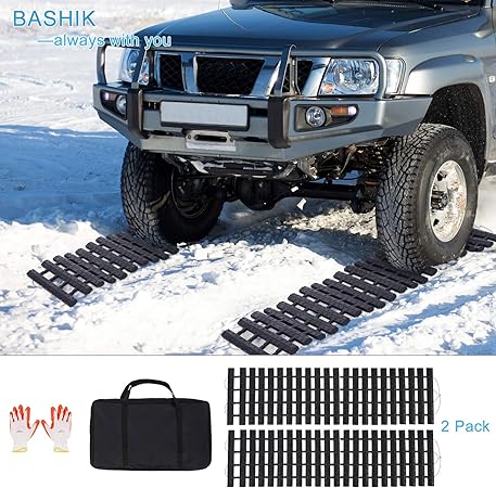 Amazon Bashik ポータブルリカバリートラクションマットトラック 泥 雪 氷 砂 緊急用 強力なグリップ強度 10 6インチ Xl 39 4インチ グローブ2個とバッグ1個付き 2パック カータイヤ ホイール 車 バイク