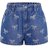 WDIRARA Girl's Bow Rhinestone Denim Shorts Y2k Glitter Elastic Waist Jean Shorts