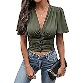 SHENHE Women's Sexy Cropped Blouse Ruffle Sleeve Deep V Ruched Button Smocked Dressy Going Out Tops