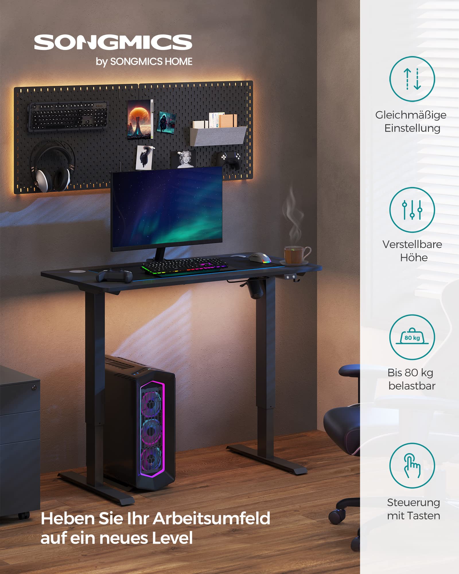 SONGMICS Tischgestell, höhenverstellbar, Schreibtischgestell, elektrischer Schreibtisch, Tischständer mit Motor, Länge verstellbar, Stahl, schwarz LSD010B01 3