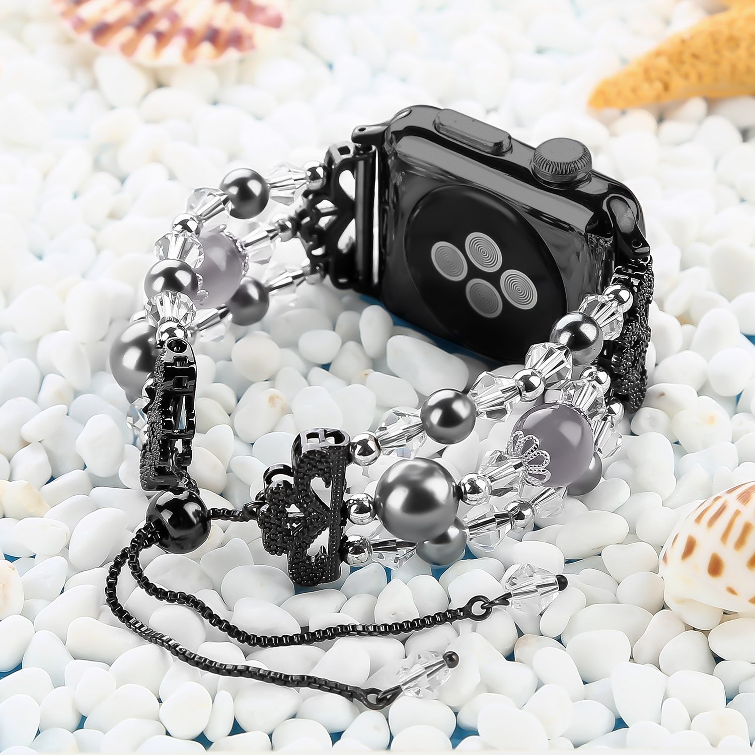 Junwei for Iwatch Bracelet Bands Adjustable, Women Stylish Apple Watchband with Stretch Bling Beads of Crystal Rhinestones Pearls for Apple Watch Series 4 3 2 1 Sport etc. - ( Black, 38mm / 40mm )