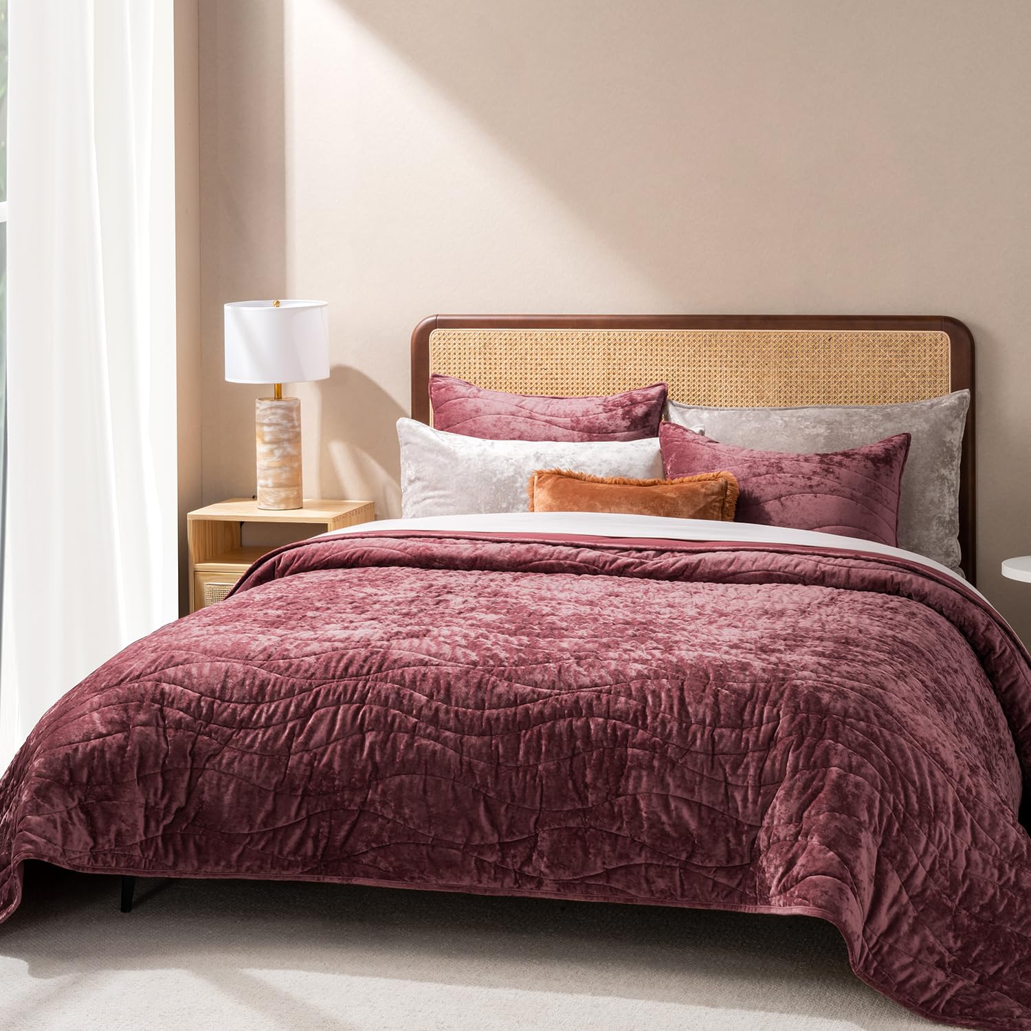 Photo 1 of EVERGRACE Luxury Velvet Quilt King Size, Ultra Soft Wave Crushed Velvet Bedding Set, Lightweight Quilted Comforter Set for All Season, Oversized Bedspread Coverlet with 2 Shams, Burgundy