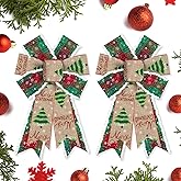 Hying 2 Pieces Christmas Bows for Wreath, Christmas Wreath Bow Red Green Natural Burlap Bows Winter Xmas Tree Craft Bows Ornaments for Front Door New Year Christmas Party Decoration Supplies
