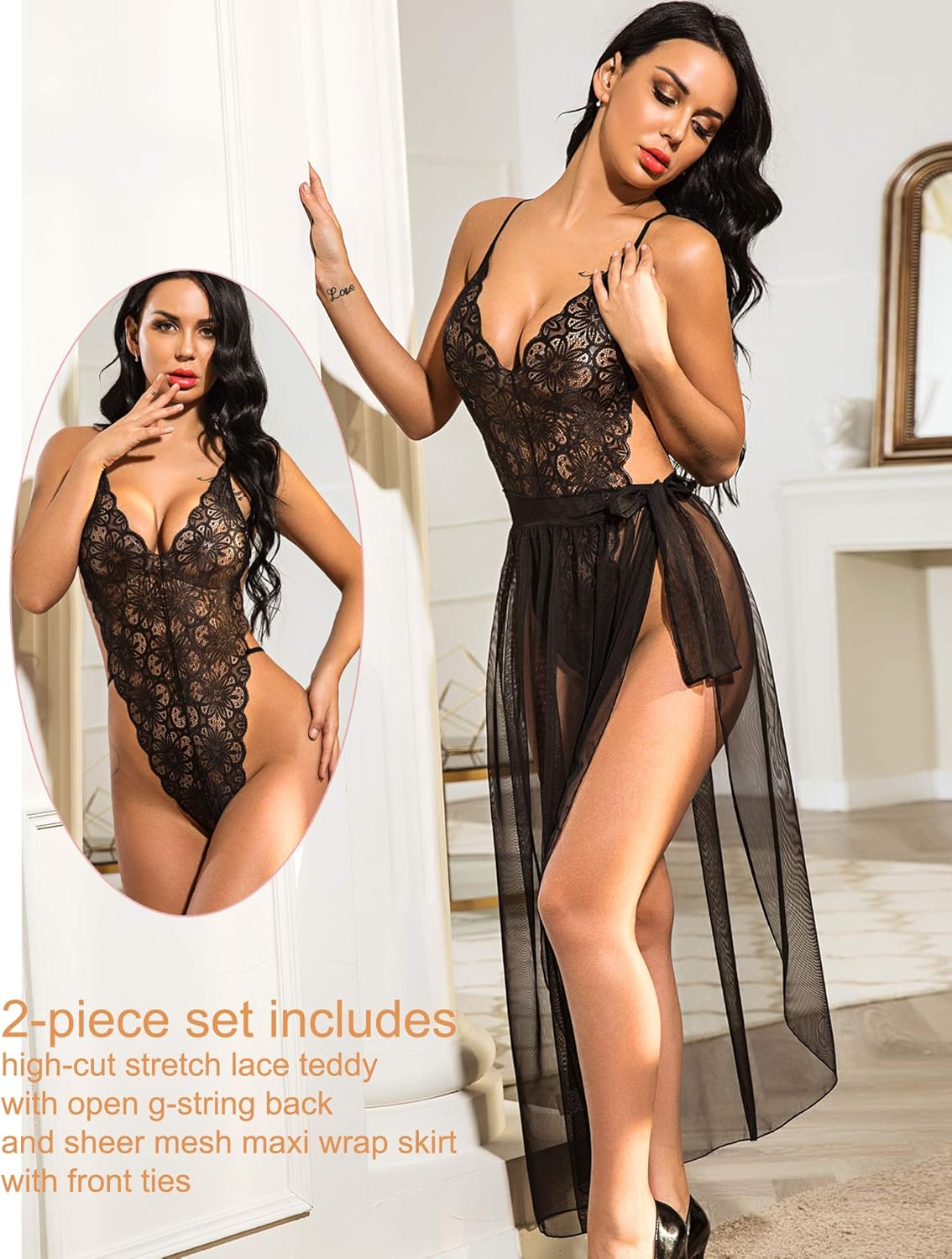 Avidlove Women One Piece Lingerie Deep V Lace Bodysuit Mosaic Lace Teddy Mesh Skirt at  Women’s Clothing store