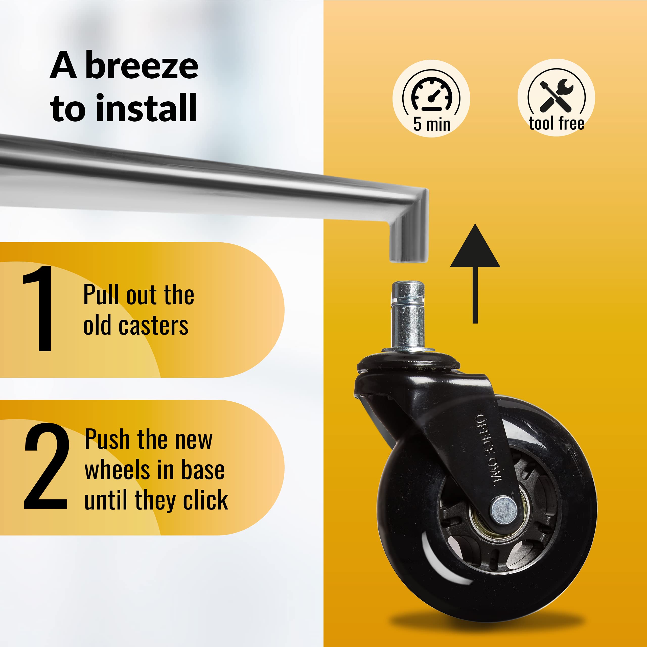 OFFICE OWL Set of 5 Replacement Chair Caster Wheels for Desk & Gaming