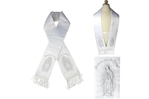 UNOTUX White Satin Stole Sash Baptism Christening Embroidered Virgin Maria in Gold Silver