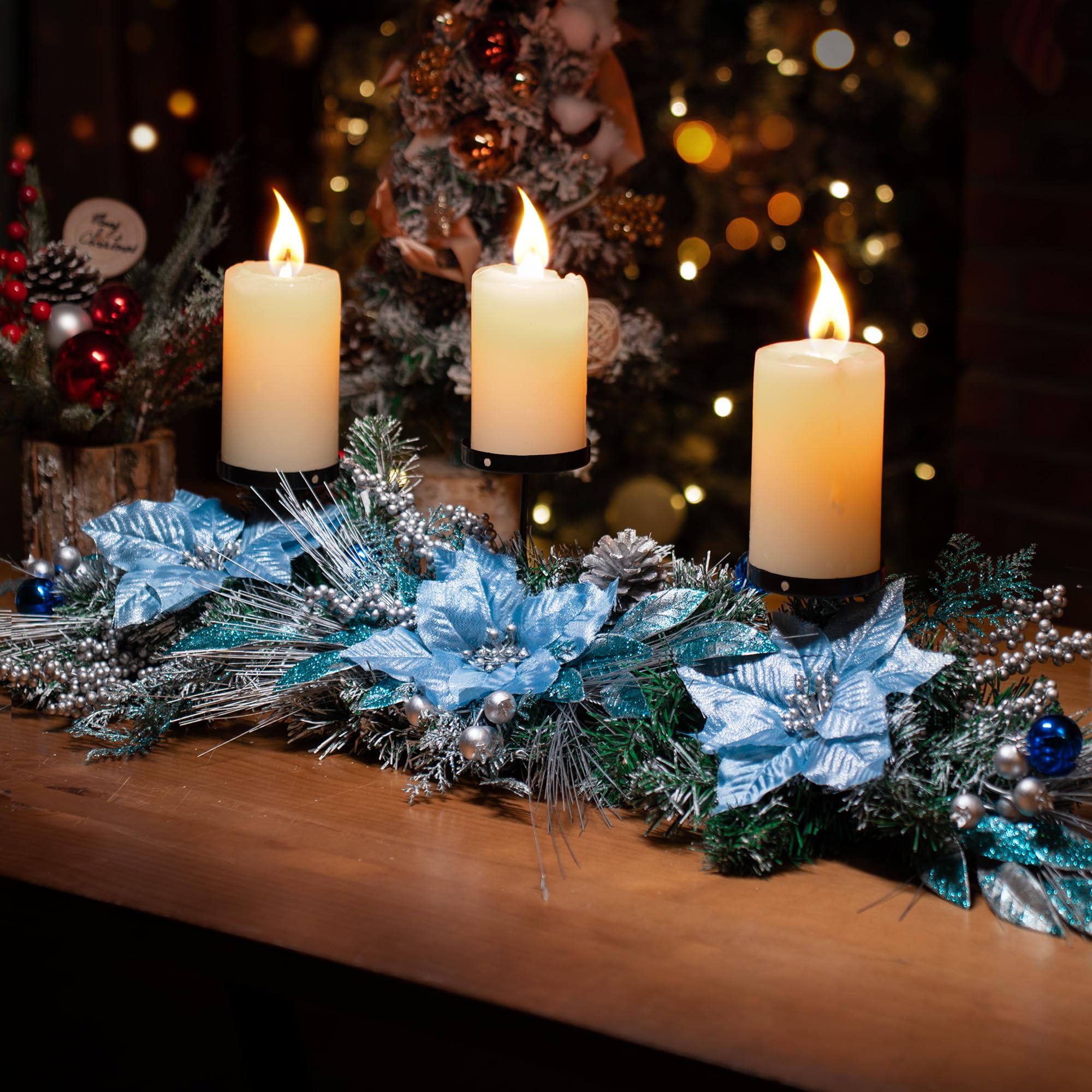 Photo 1 of Meonum 37in Christmas Centerpieces for Tables Decorations with 3 Glitter Blue Poinsettia, 3 Candle Holders, 10 Zip Ties, Enchanting Blue Christmas Dining Table Centerpieces Entryway, Mantel, Holiday