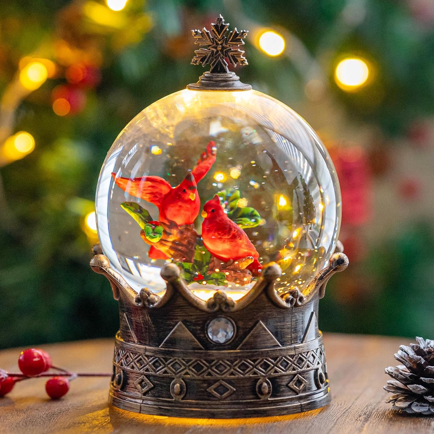 Snow Globes - Cardinal Snow Globe Lighted Christmas Cardinal Musical Water Crown Globe Lantern with Swirling Glitter, 3 AA Battery Operated & USB Powered