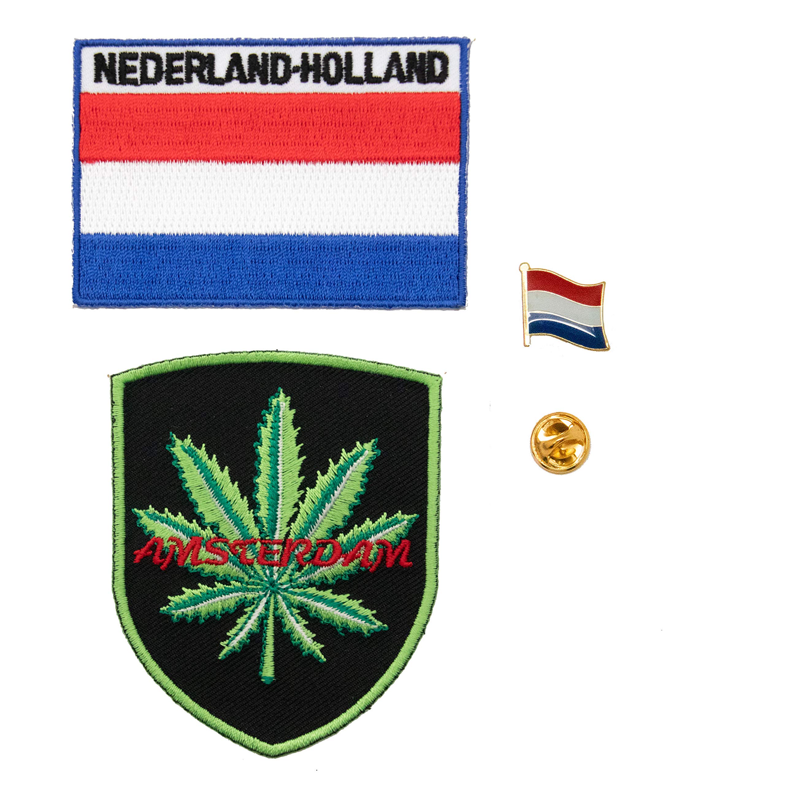 A-ONE 3 PCS Pack- Amsterdam Marijuana Patch + Netherlands Iron-on Patch + Holland Flag Metal Lapel Pin, Travel City Embroided Badge, Emblem Pin
