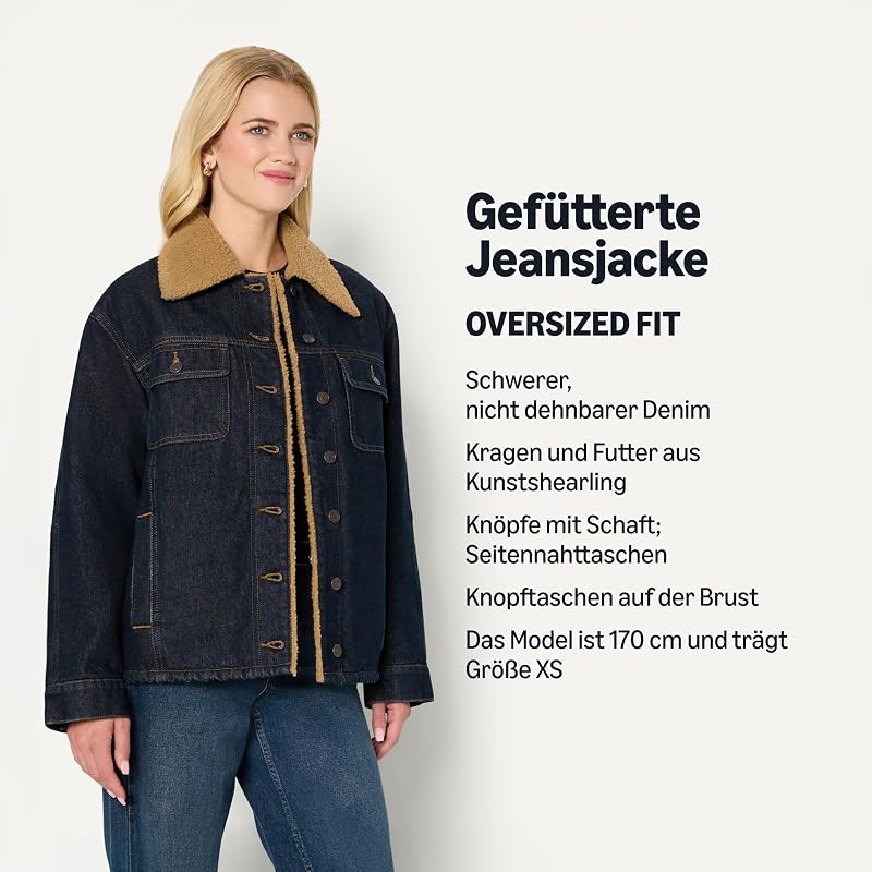 Damen Oversize-Jeansjacke Mit Futter Aus Lammfellimitat, Auswaschen, M