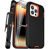 BypaBox for iPhone 14 Pro Max Case 6.7" with 2 Screen Protector and Belt Clip Holster Kickstand, Heavy Duty Military Grade Full Body Protection Phone Cover (Belt Clip,Black+Orange)