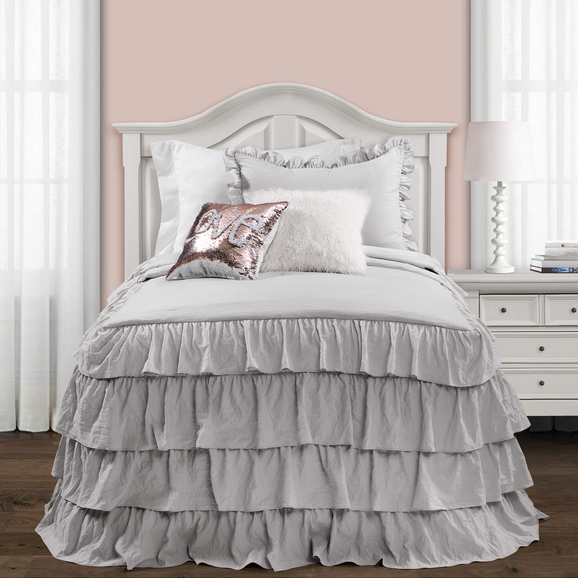 Lush Decor Allison Ruffle Skirt Bedspread Light Gray Shabby Chic Farmhouse Style Lightweight 2 Piece Set Twin XL, Polyester
