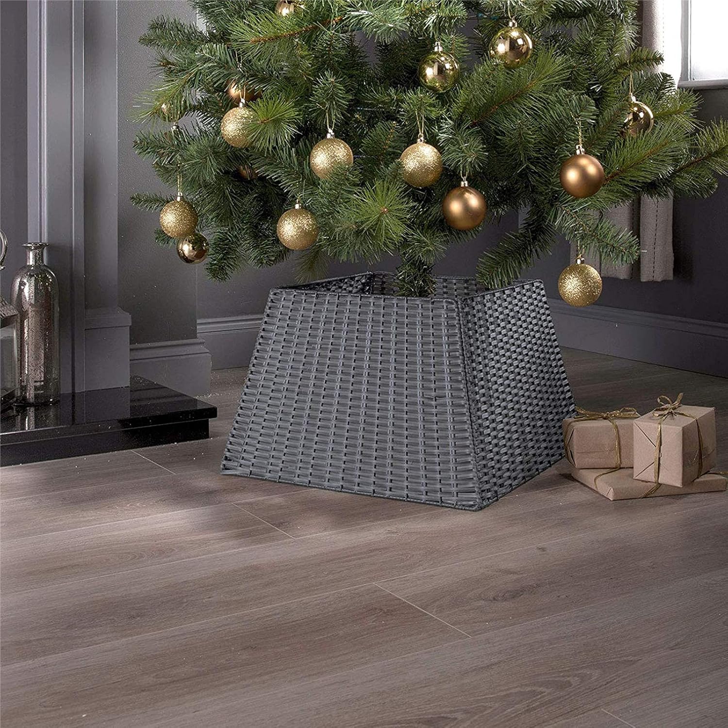 Tree Stands - SUNNYPARK Christmas Tree Collar, Handmade Artificial Rattan Wicker Christmas Stand Tree Collar Basket Base Cover for Holiday Decoration-Square Gray
