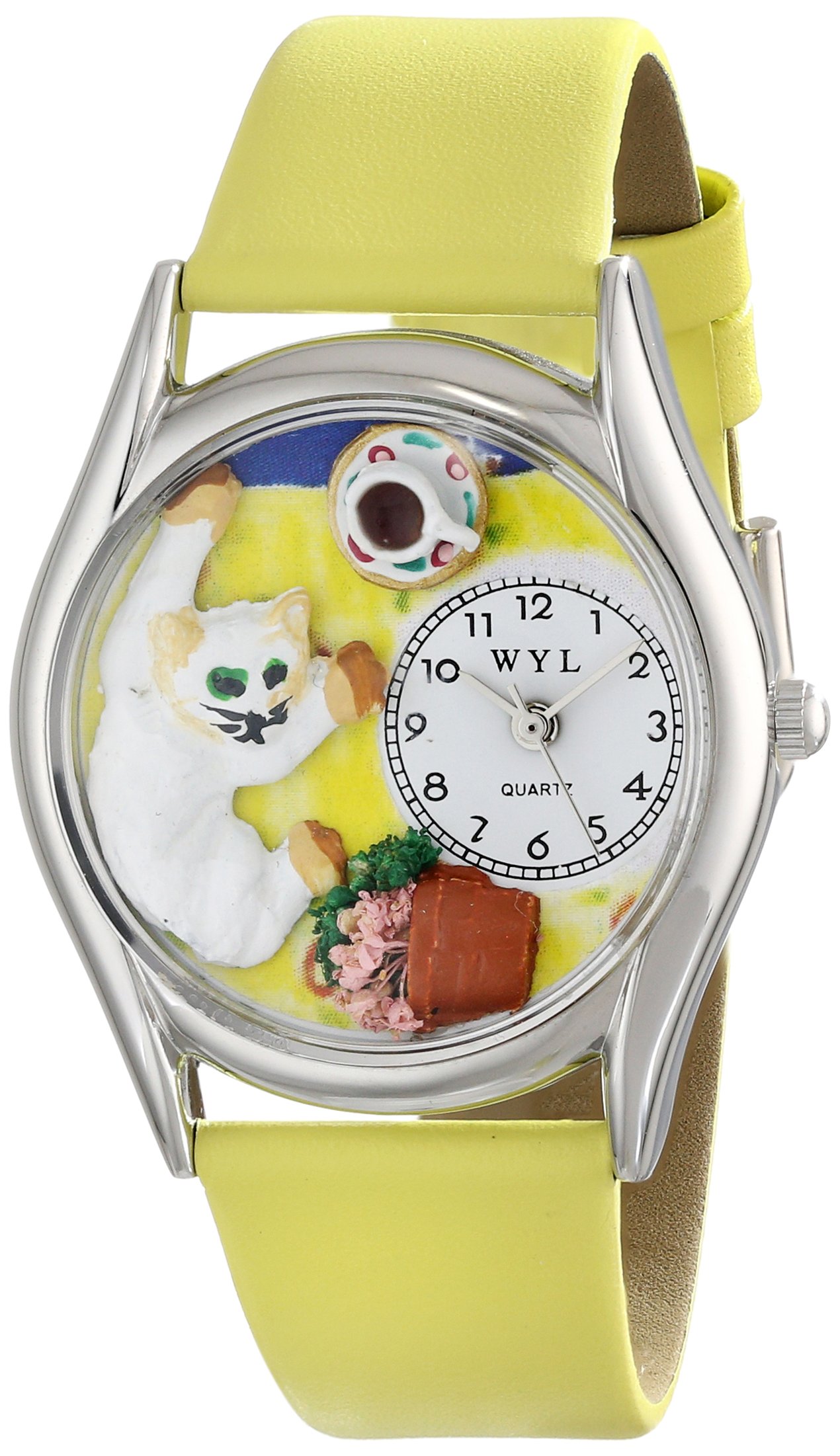 Whimsical Watches Bad Cat Yellow Leather and Silvertone Unisex Quartz Watch with White Dial Analogue Display and Multicolour Leather Strap S-0120008