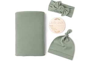 Konssy Baby Girl Newborn Receiving Blanket with Matching Headband and Beanie Set Baby Swaddle Nursery Swaddle Wrap