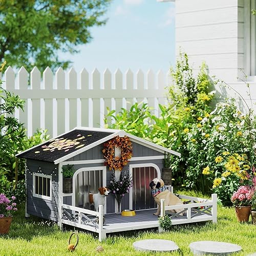 PawHut Dog House Outdoor, Wooden Dog Kennel Weatherproof with