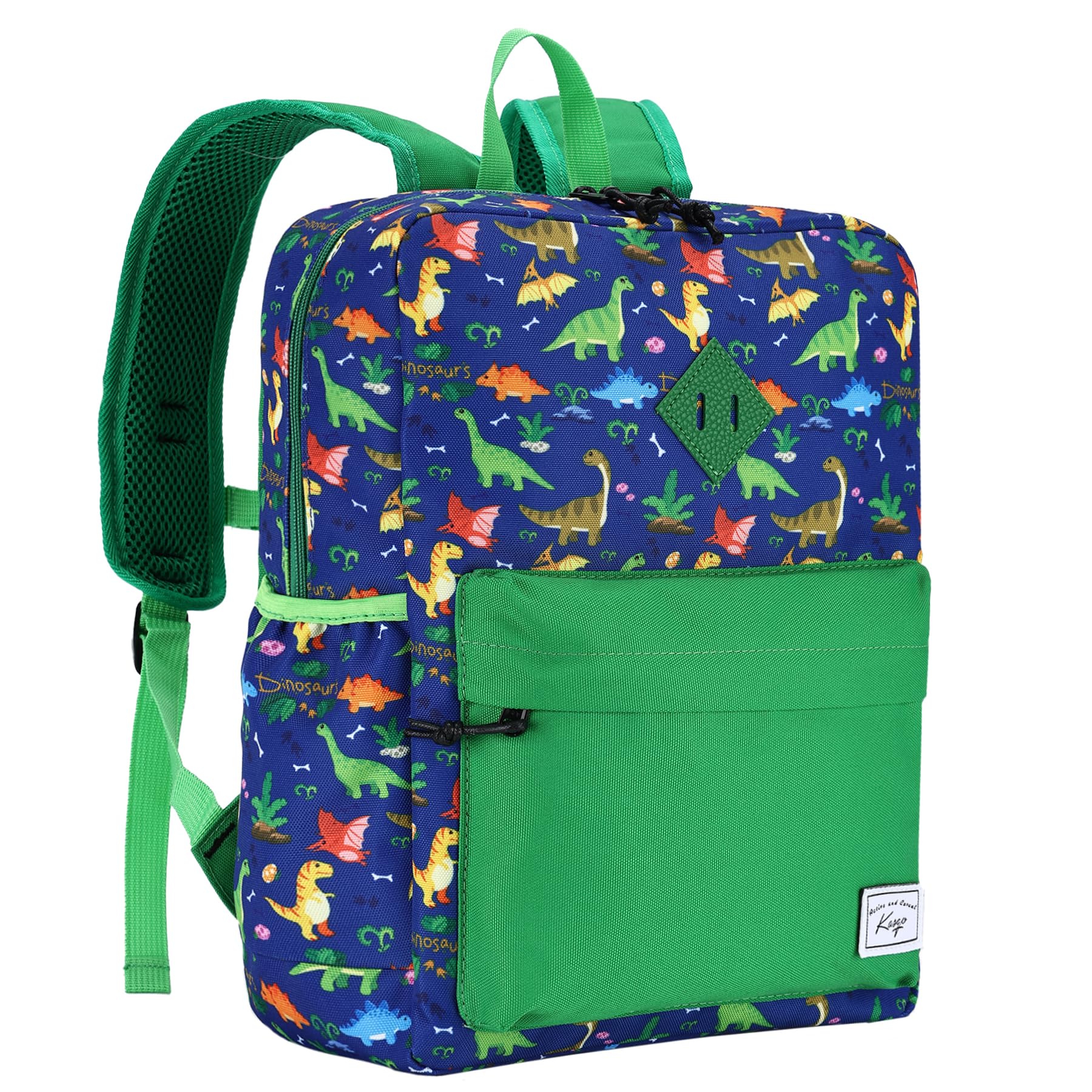 Kasgo Kids School Backpack, 14.6 Inch Lightweight Water-Resistant Primary Preschool Bag for Toddler Boys Girls Ages 5-8, Fits A4 Folder, with Chest Strap & Name Tag, Dinosaur Patchwork